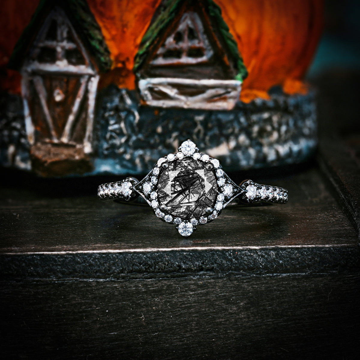 Halloween Mystery Series — Dark Gothic Luxurious Vintage 4-Prong Round Cut Engagement Ring