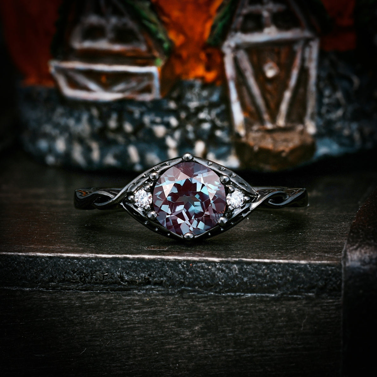 Halloween Mystery Series — Dark Gothic Retro Twisted Demon's Eye 6-Prong Round Cut Engagement Ring