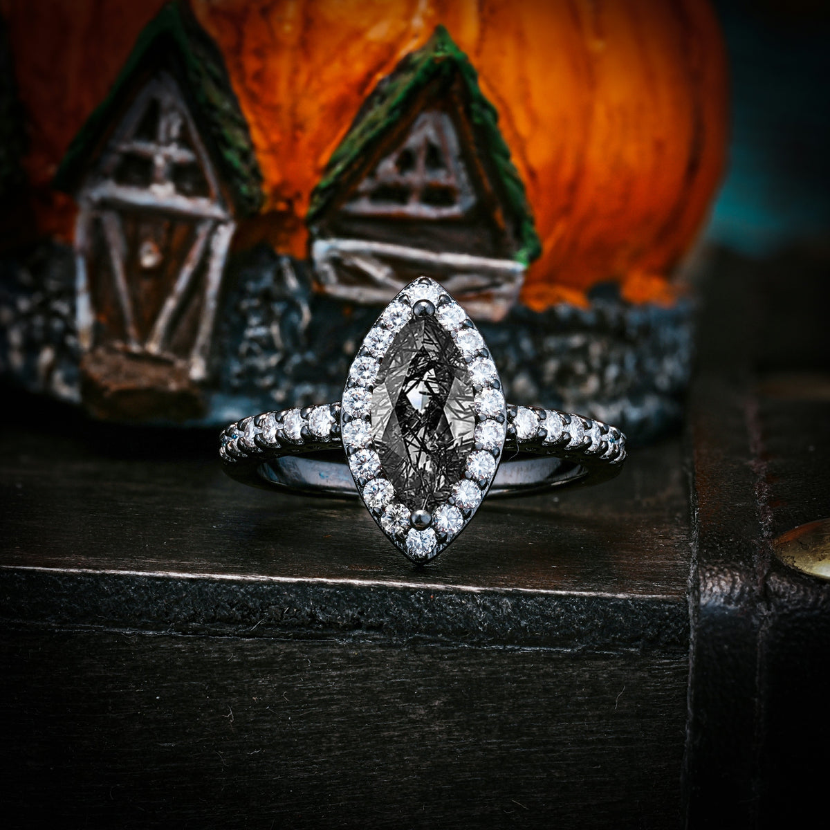 Halloween Mystery Series — Dark Gothic Unique and Luxurious 2-Prong Marquise Cut Engagement Ring