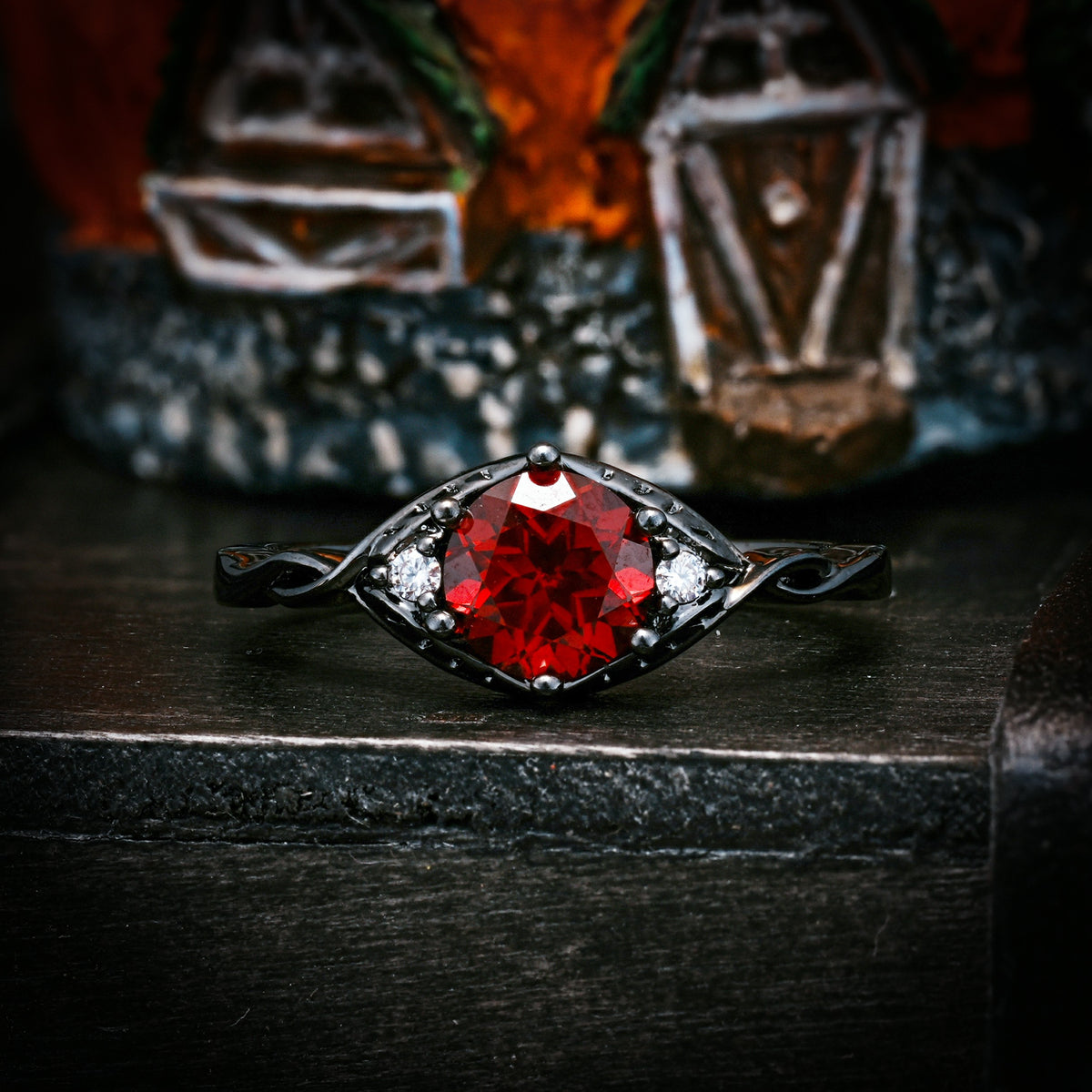 Halloween Mystery Series — Dark Gothic Retro Twisted Demon's Eye 6-Prong Round Cut Engagement Ring