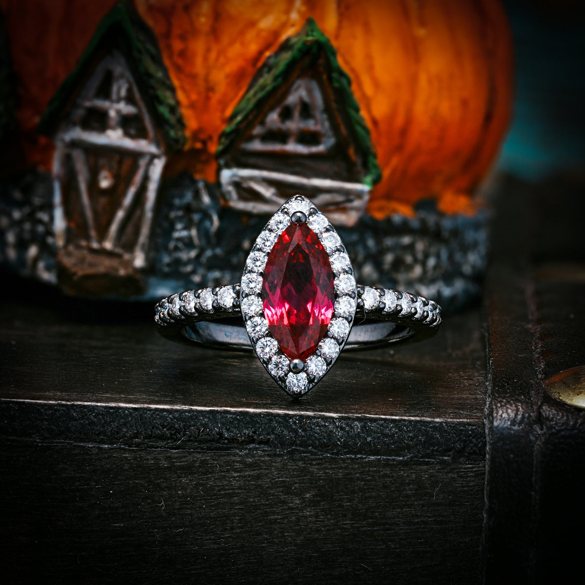 Halloween Mystery Series — Dark Gothic Unique and Luxurious 2-Prong Marquise Cut Engagement Ring