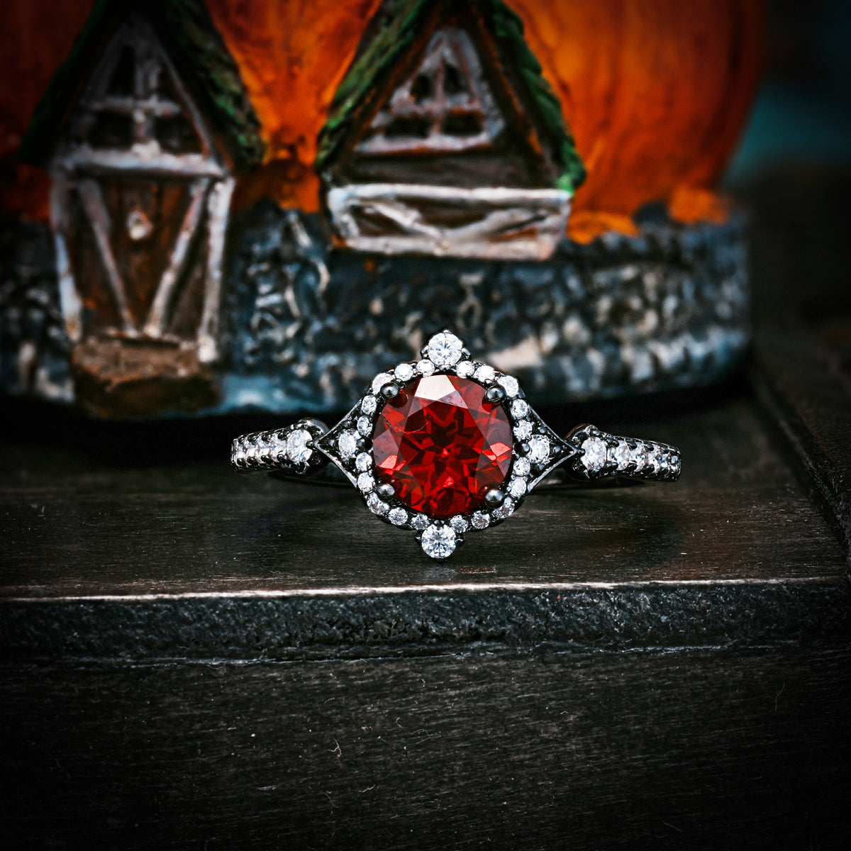 Halloween Mystery Series — Dark Gothic Luxurious Vintage 4-Prong Round Cut Engagement Ring