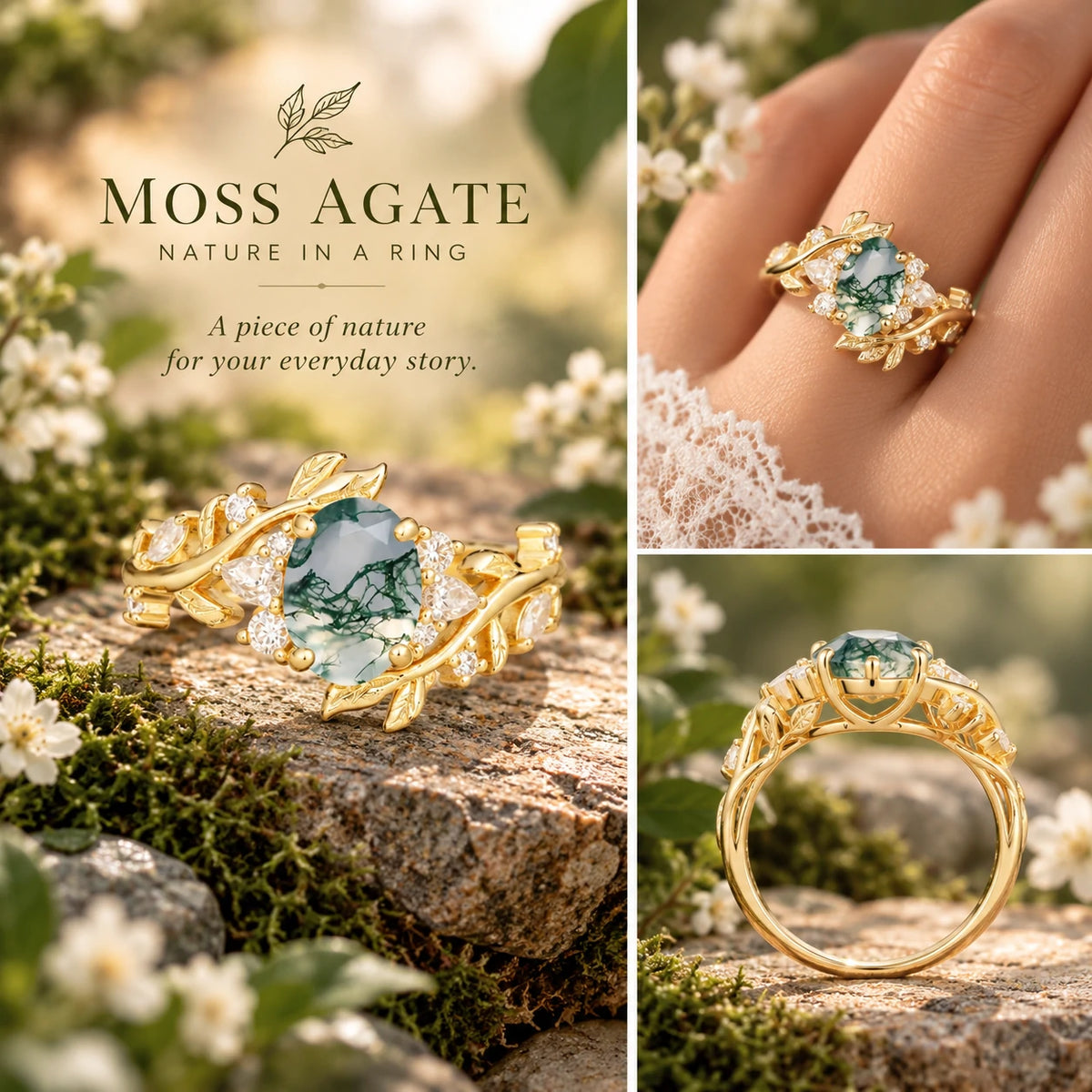Nature-Inspired Unique Aphrodite's Garden Oval Cut Moss Agate Engagement Ring | RamaSoul