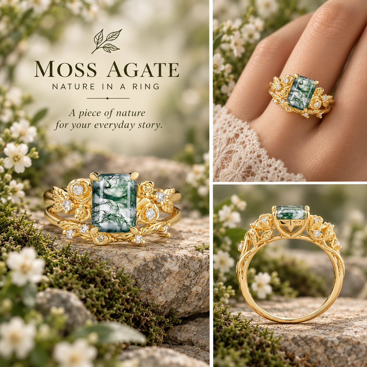 Nature-Inspired Luxury Aphrodite's Garden Emerald-Cut Moss Agate Rose-Themed Bridal Ring Set | RamaSoul
