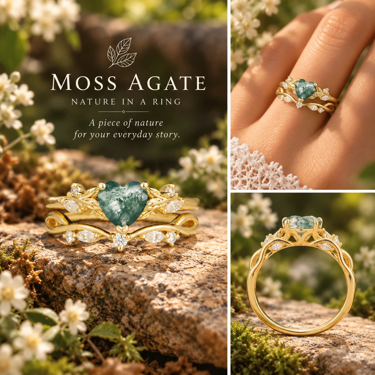 Nature-Inspired Vintage Aphrodite's Garden Vine-Wrapped  Heart-Cut Moss Agate Bridal Ring Set | RamaSoul