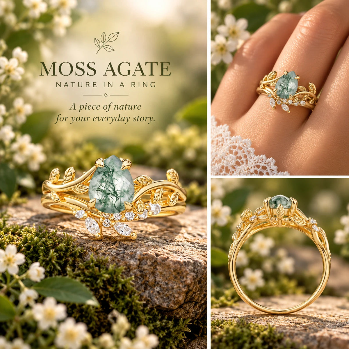 Nature-Inspired Unique Aphrodite's Garden Pear-Cut Moss Agate Bridal Ring Set | RamaSoul