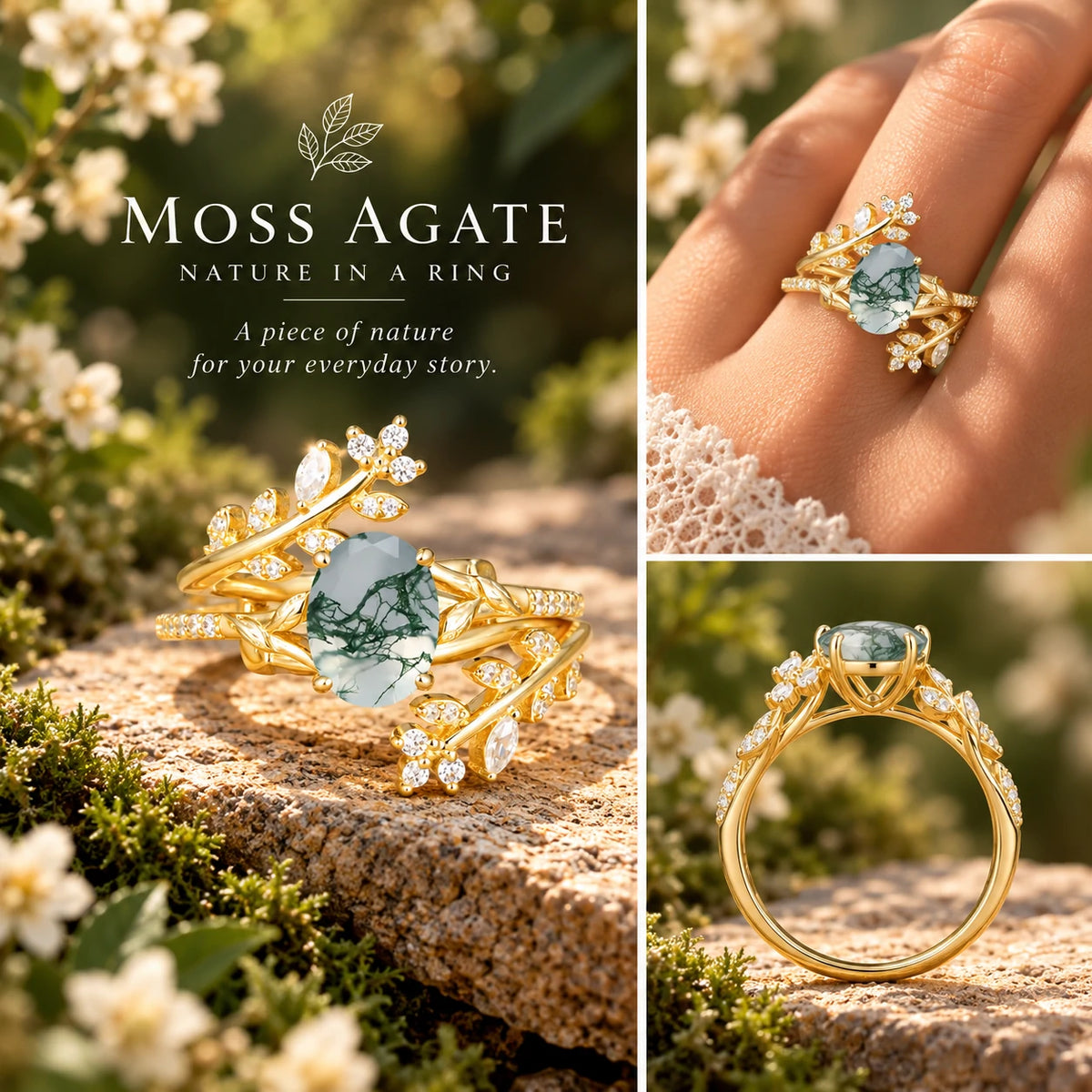 Natural Inspiration Classic Luxury Vintage 4-Prong Oval Cut Moss Agate Wedding Bridal Ring Set