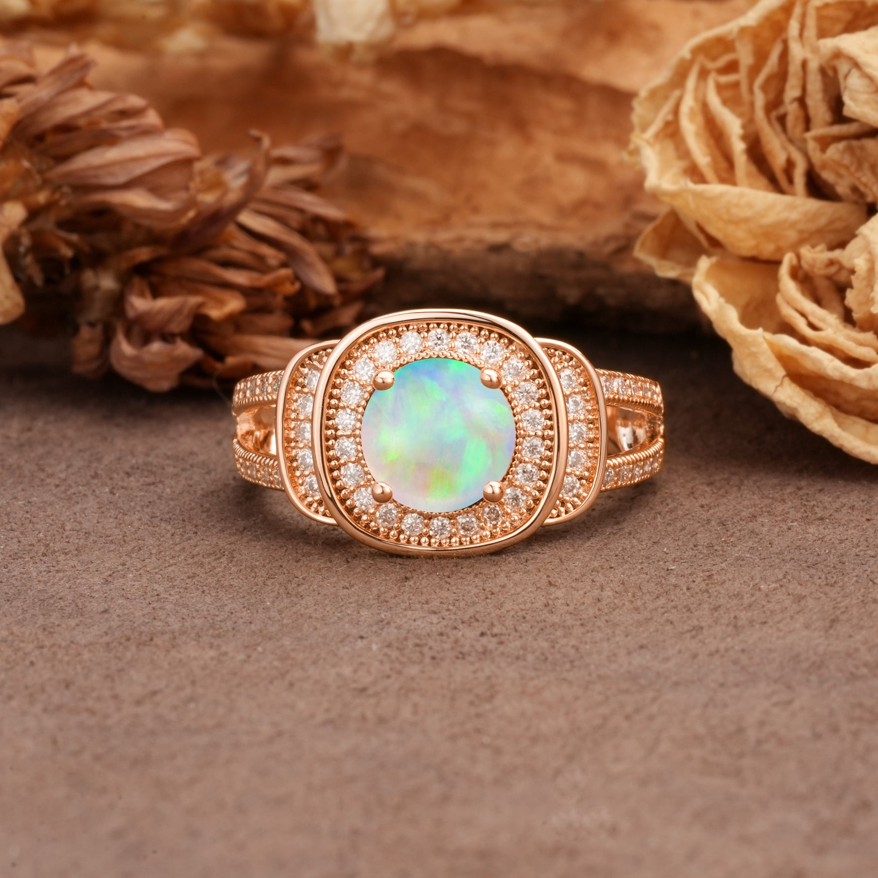 Luxurious & Classic Vintage Stackable 4-Prong Round Cut Fire Opal Engagement Ring - Additional view