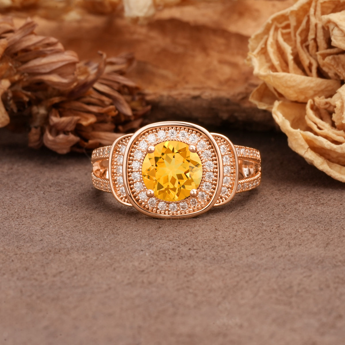 Luxurious & Classic Vintage Stackable 4-Prong Round Cut Citrine Engagement Ring - Additional view