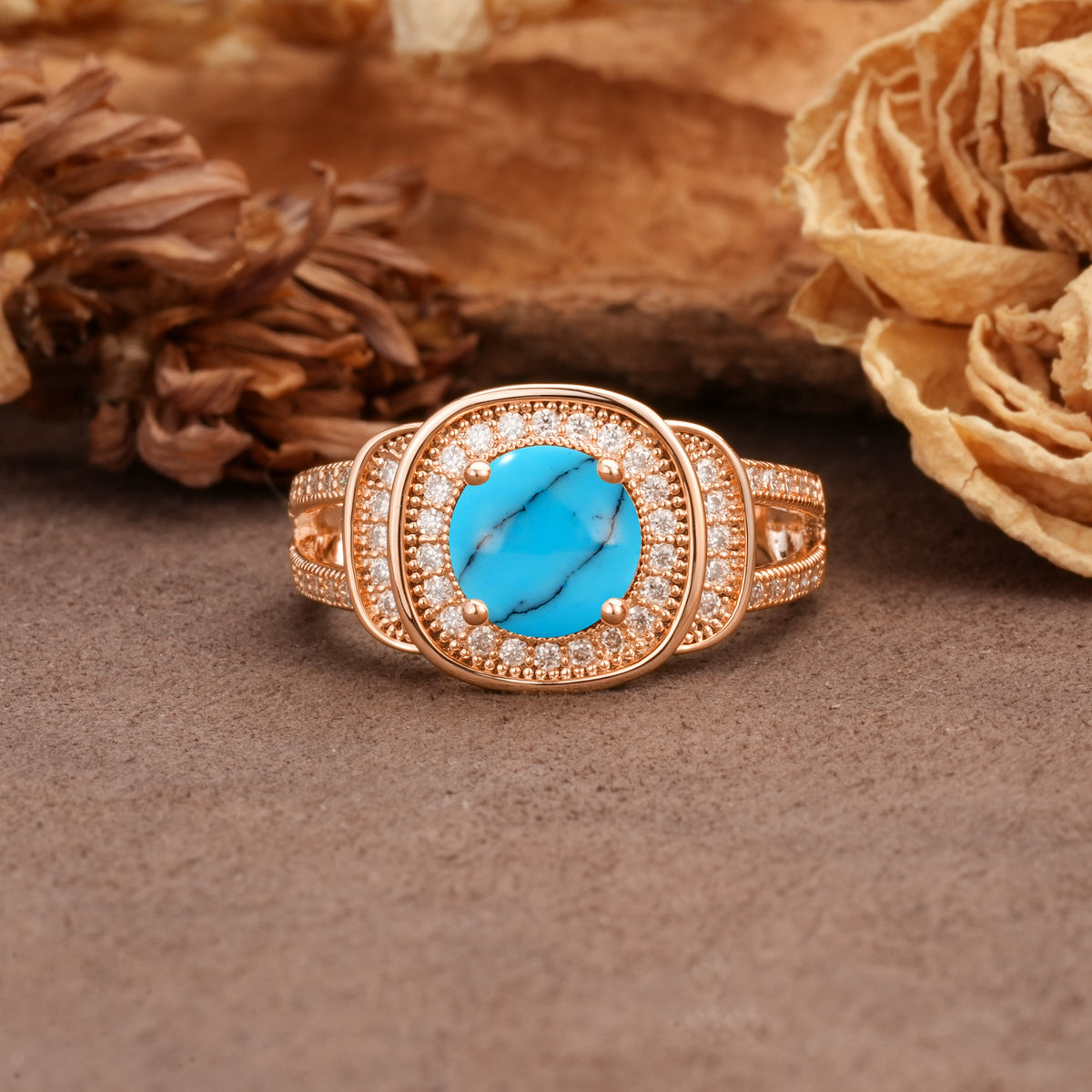 Luxurious & Classic Vintage Stackable 4-Prong Round Cut Turquoise Engagement Ring - Additional view