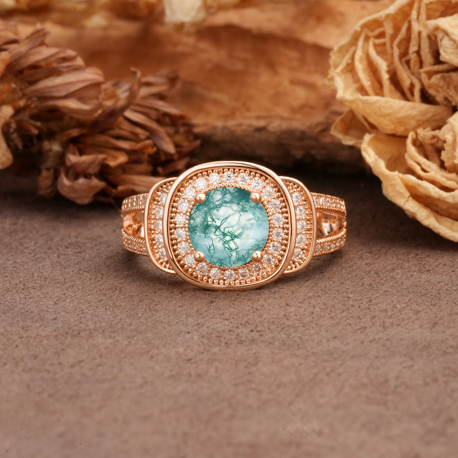 Luxurious & Classic Vintage Stackable 4-Prong Round Cut Moss Agate Engagement Ring - Additional view