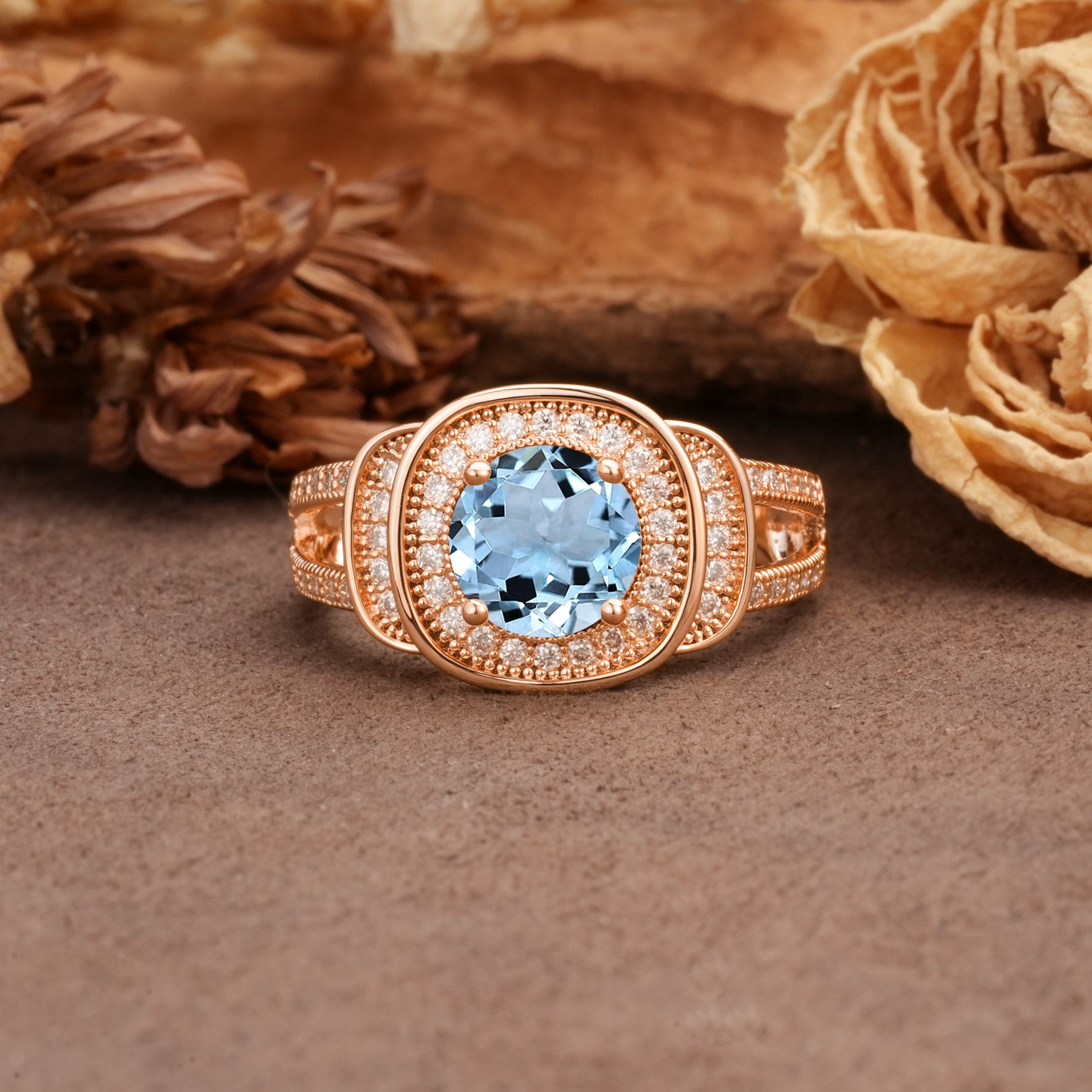 Luxurious & Classic Vintage Stackable 4-Prong Round Cut Aquamarine Engagement Ring - Additional view