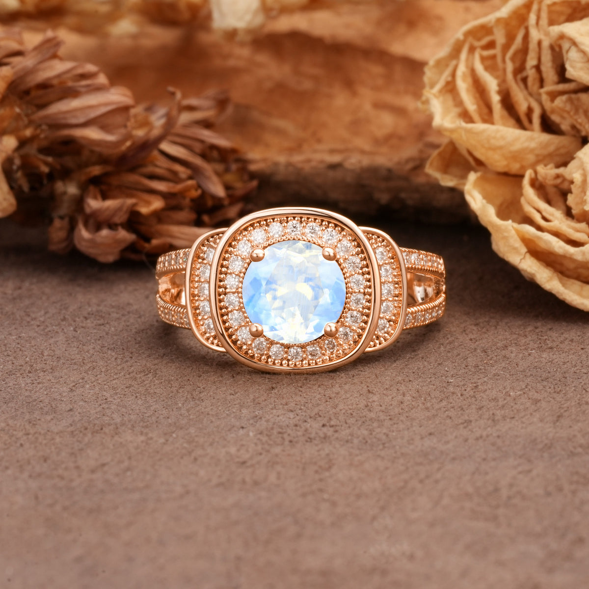 Luxurious & Classic Vintage Stackable 4-Prong Round Cut Moonstone Engagement Ring - Additional view
