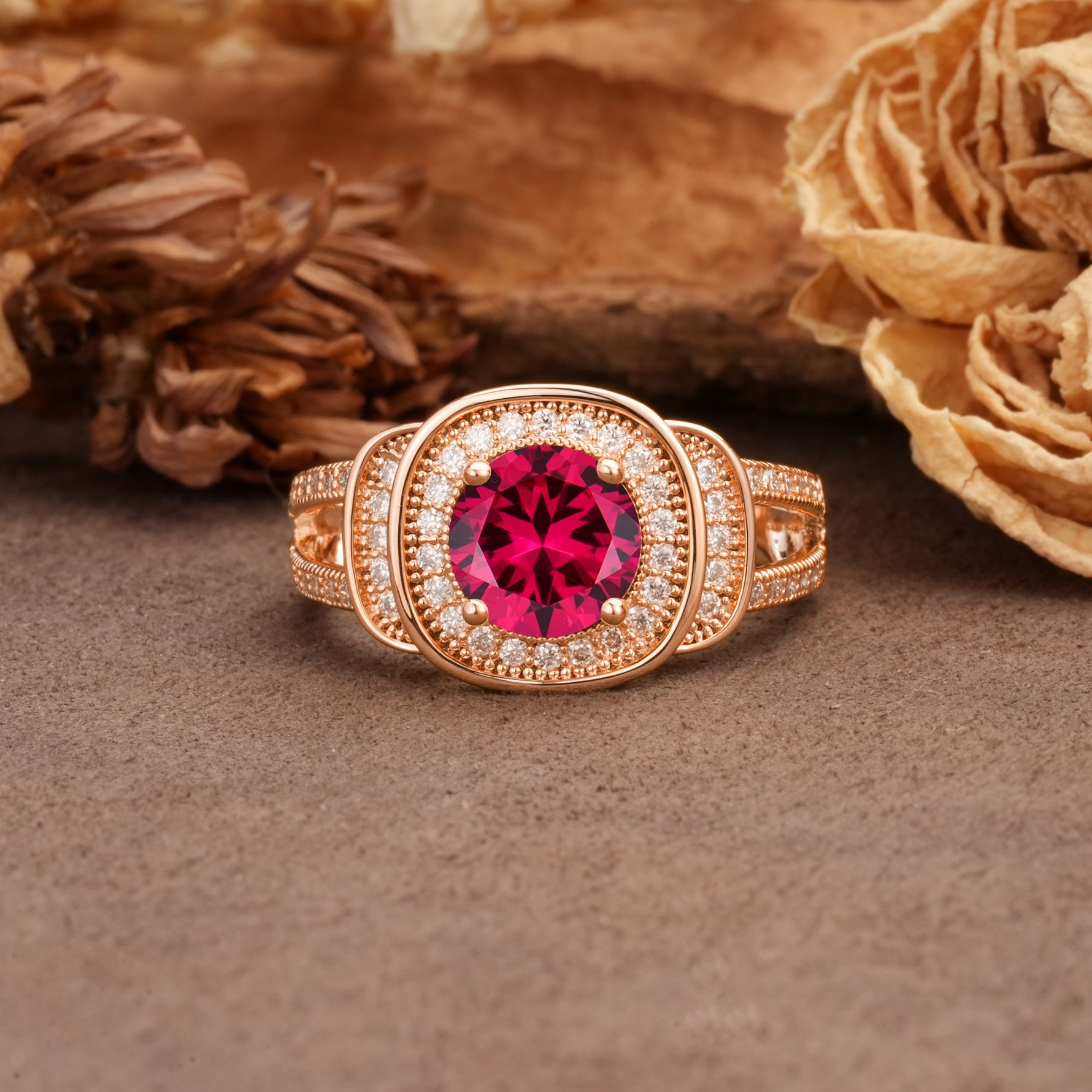 Luxurious & Classic Vintage Stackable 4-Prong Round Cut Ruby Engagement Ring - Additional view