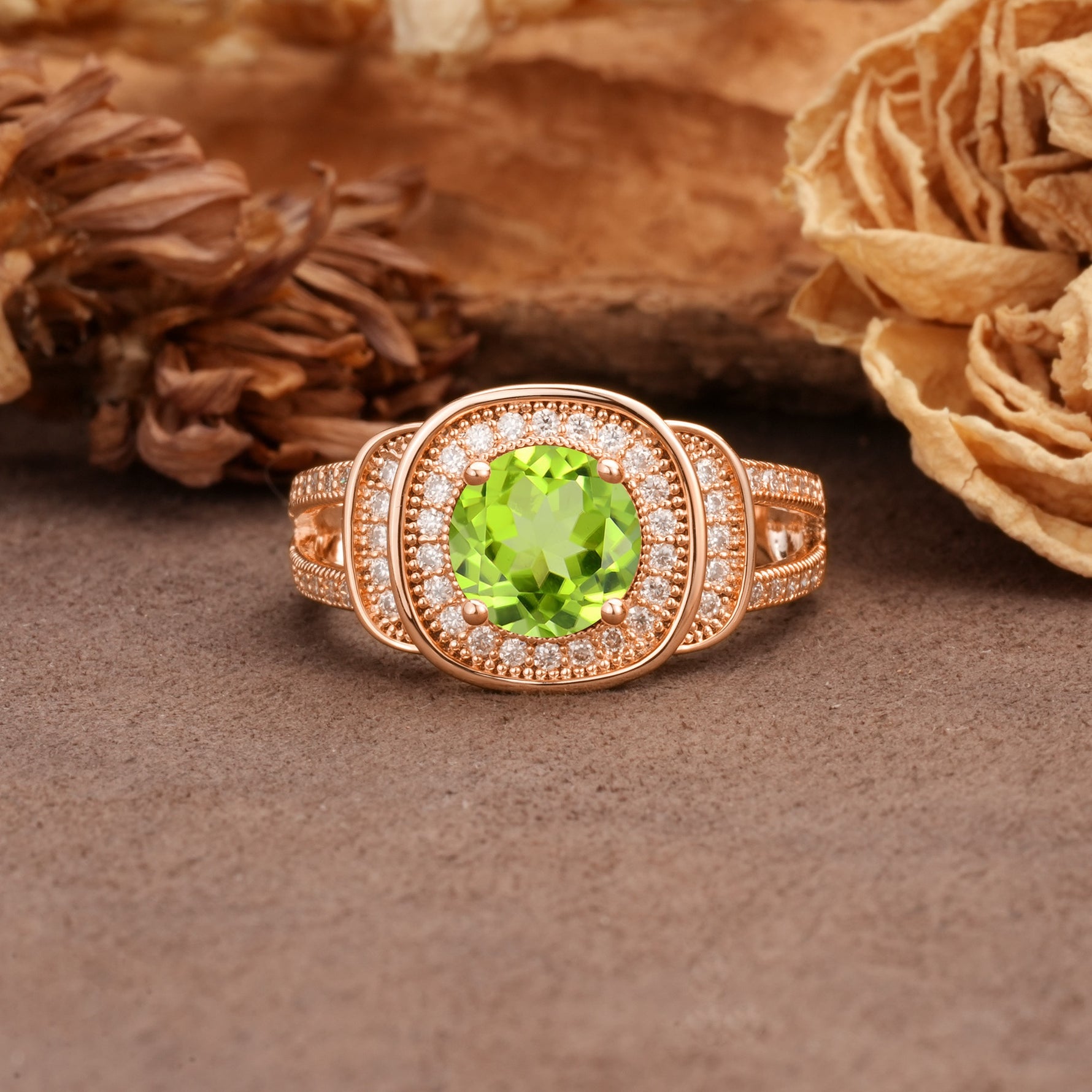 Luxurious & Classic Vintage Stackable 4-Prong Round Cut Peridot Engagement Ring - Additional view