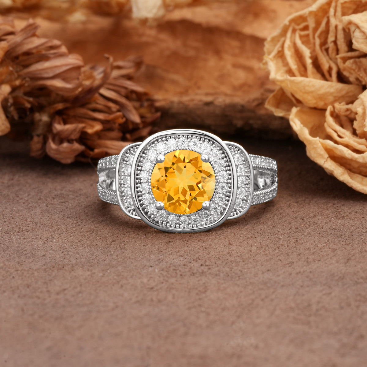 Luxurious & Classic Vintage Stackable 4-Prong Round Cut Citrine Engagement Ring - Additional view