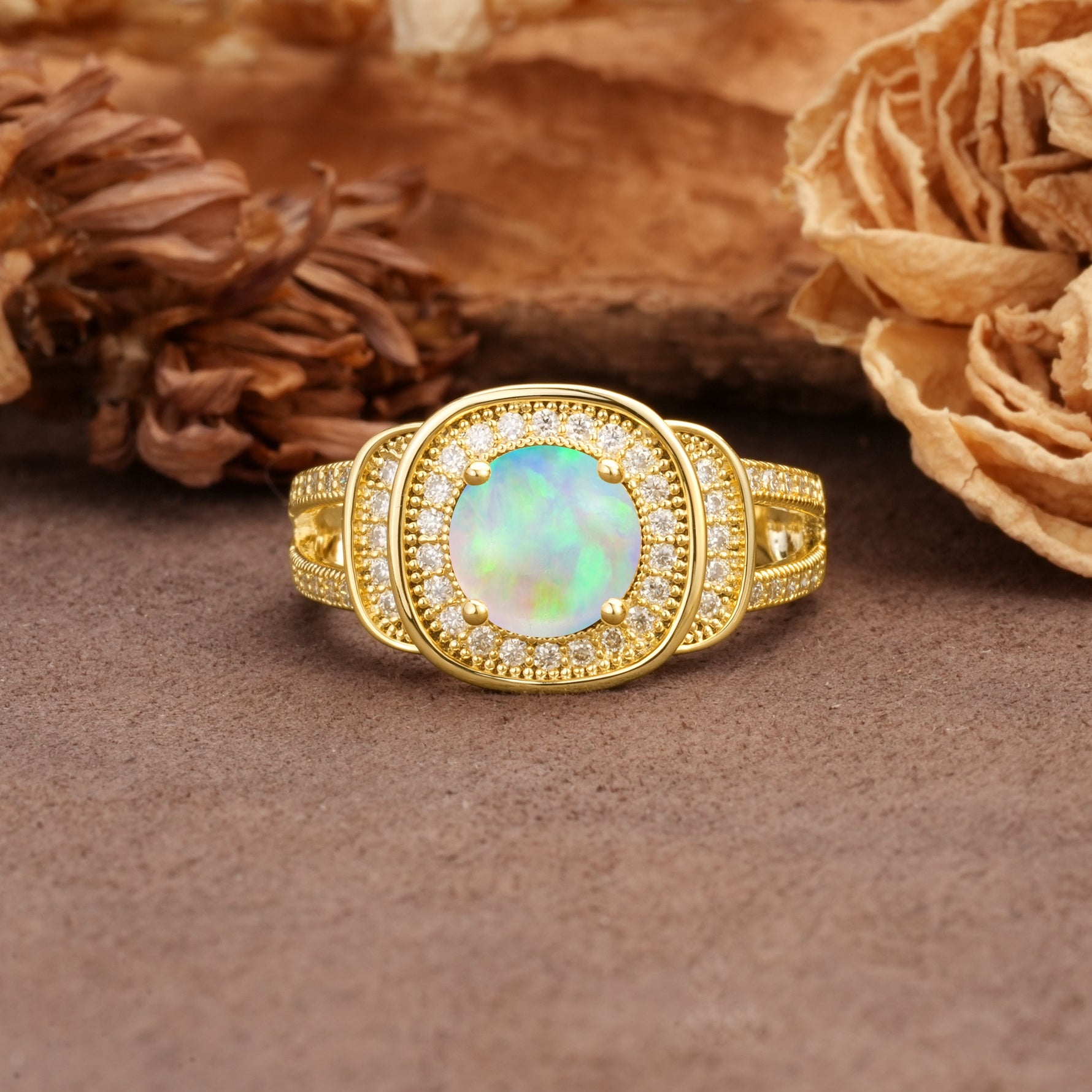 Luxurious & Classic Vintage Stackable 4-Prong Round Cut Fire Opal Engagement Ring - Additional view