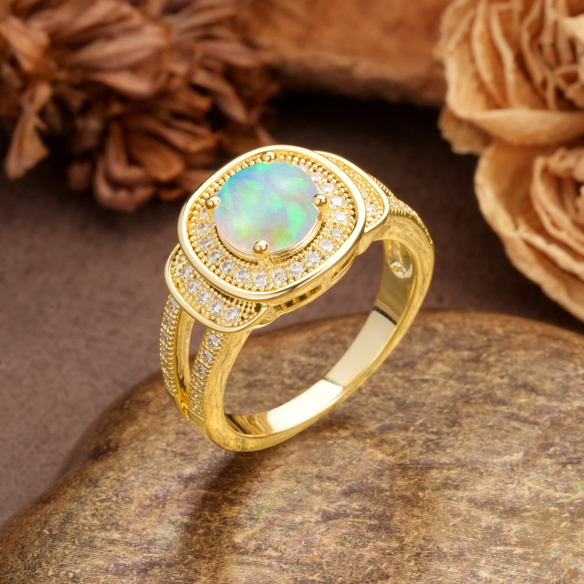 Luxurious & Classic Vintage Stackable 4-Prong Round Cut Fire Opal Engagement Ring - Additional view