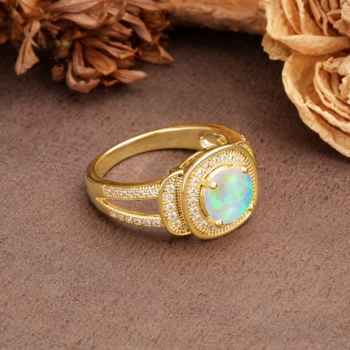 Luxurious & Classic Vintage Stackable 4-Prong Round Cut Fire Opal Engagement Ring - Additional view