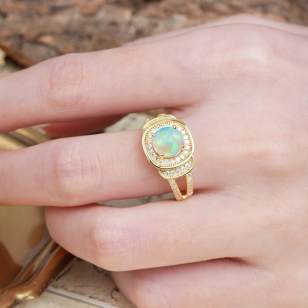 Luxurious & Classic Vintage Stackable 4-Prong Round Cut Fire Opal Engagement Ring - Additional view