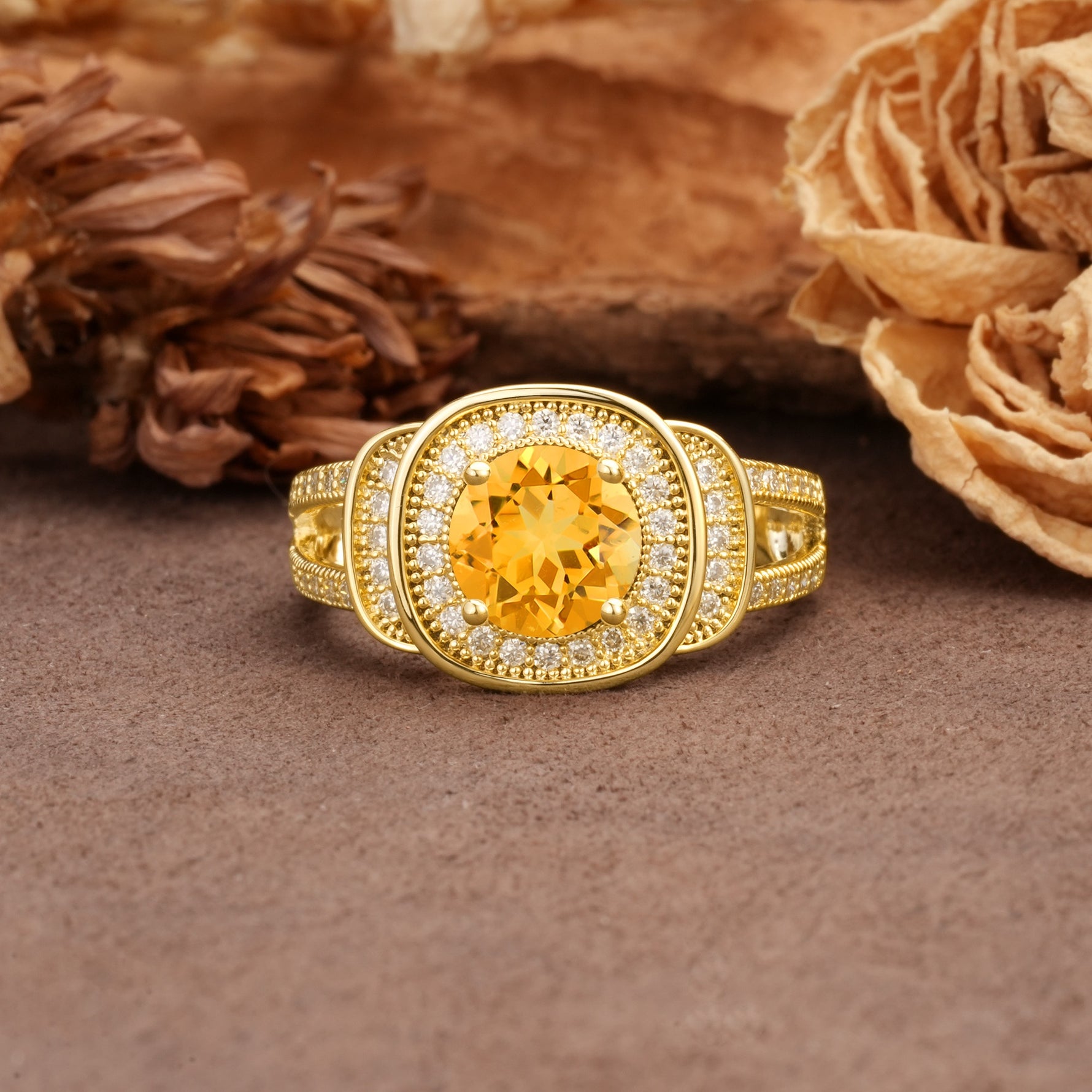 Luxurious & Classic Vintage Stackable 4-Prong Round Cut Citrine Engagement Ring - Additional view