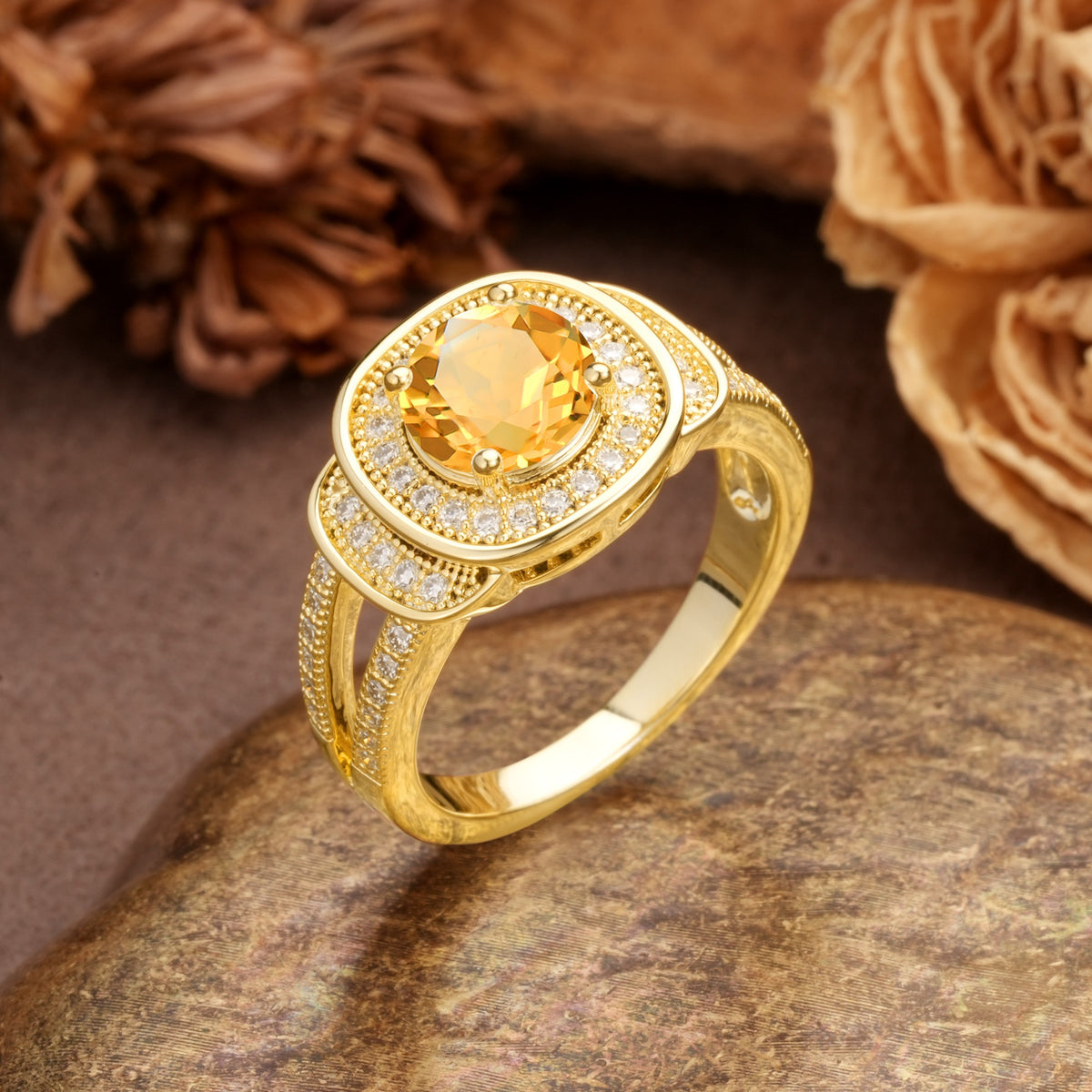 Luxurious & Classic Vintage Stackable 4-Prong Round Cut Citrine Engagement Ring - Additional view