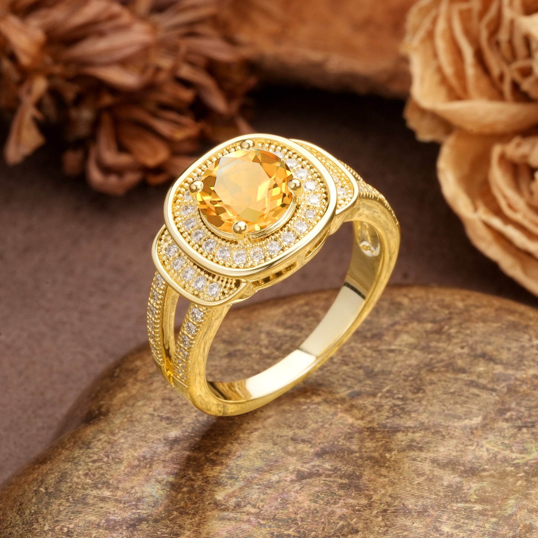 Luxurious & Classic Vintage Stackable 4-Prong Round Cut Citrine Engagement Ring - Additional view