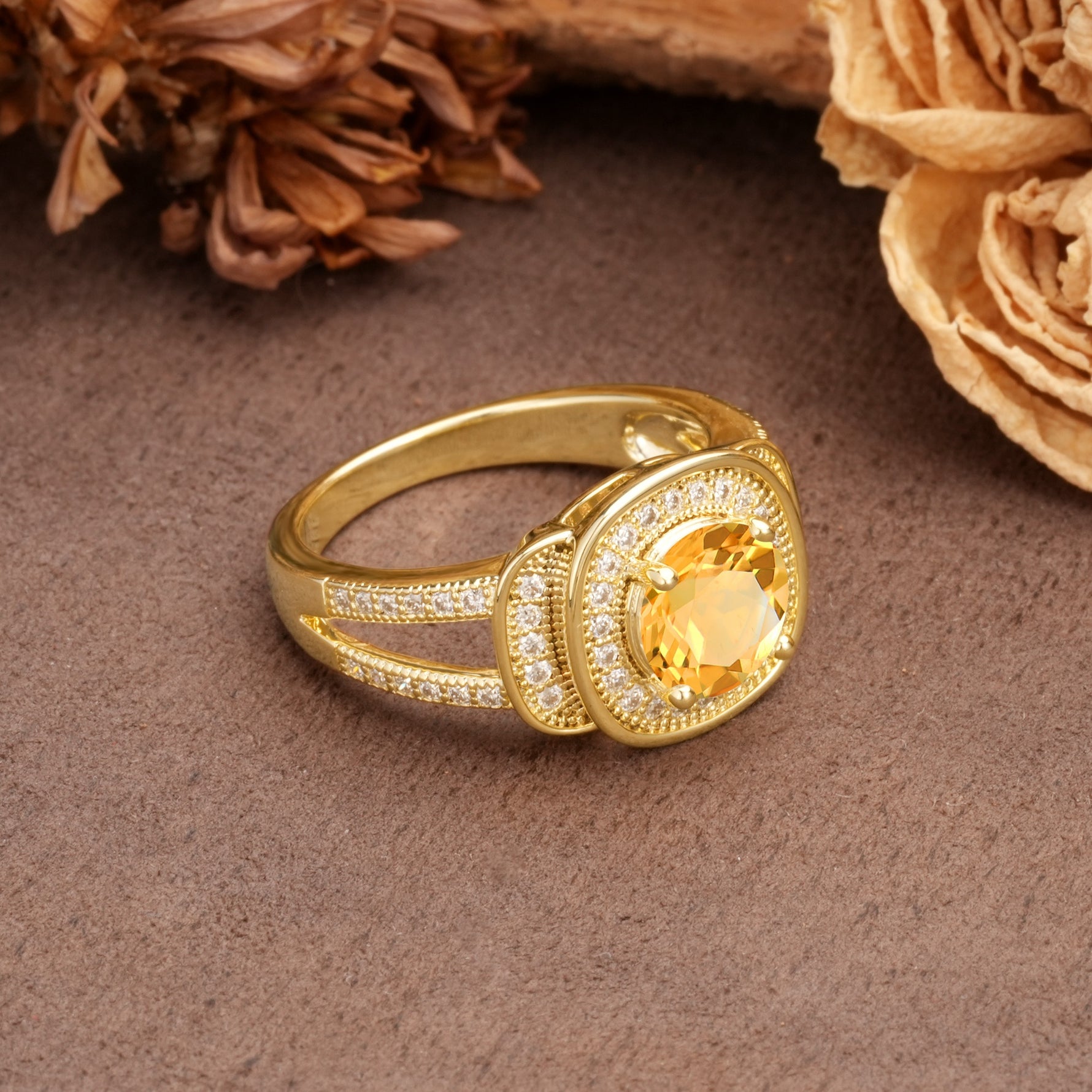 Luxurious & Classic Vintage Stackable 4-Prong Round Cut Citrine Engagement Ring - Additional view