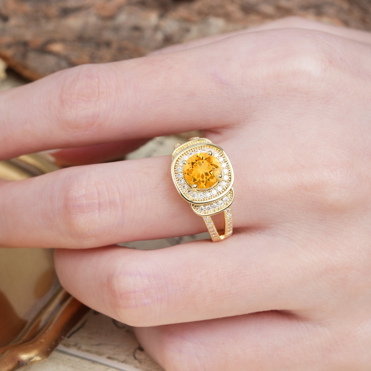 Luxurious & Classic Vintage Stackable 4-Prong Round Cut Citrine Engagement Ring - Additional view