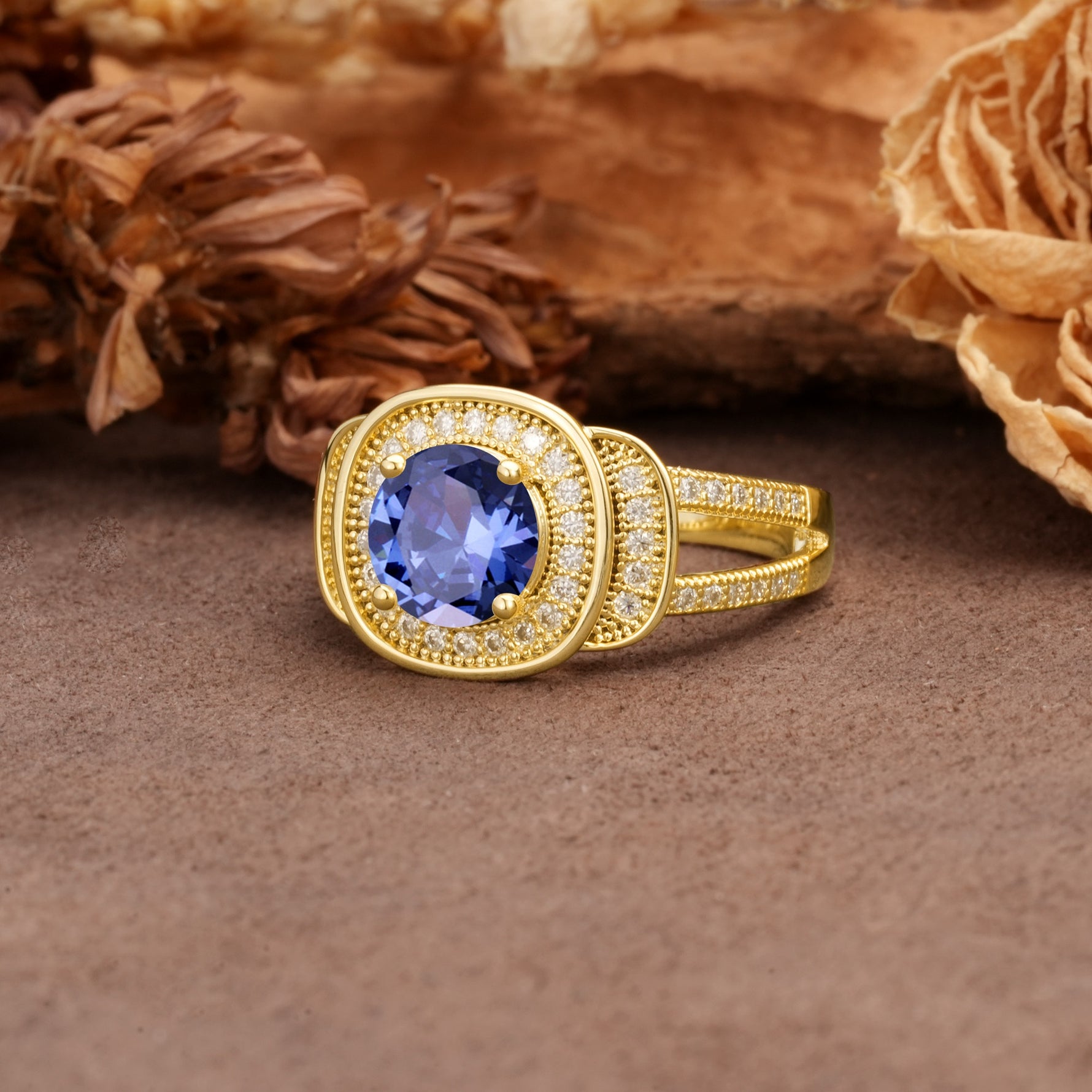 Luxurious & Classic Vintage Stackable 4-Prong Round Cut Tanzanite Engagement Ring - Additional view