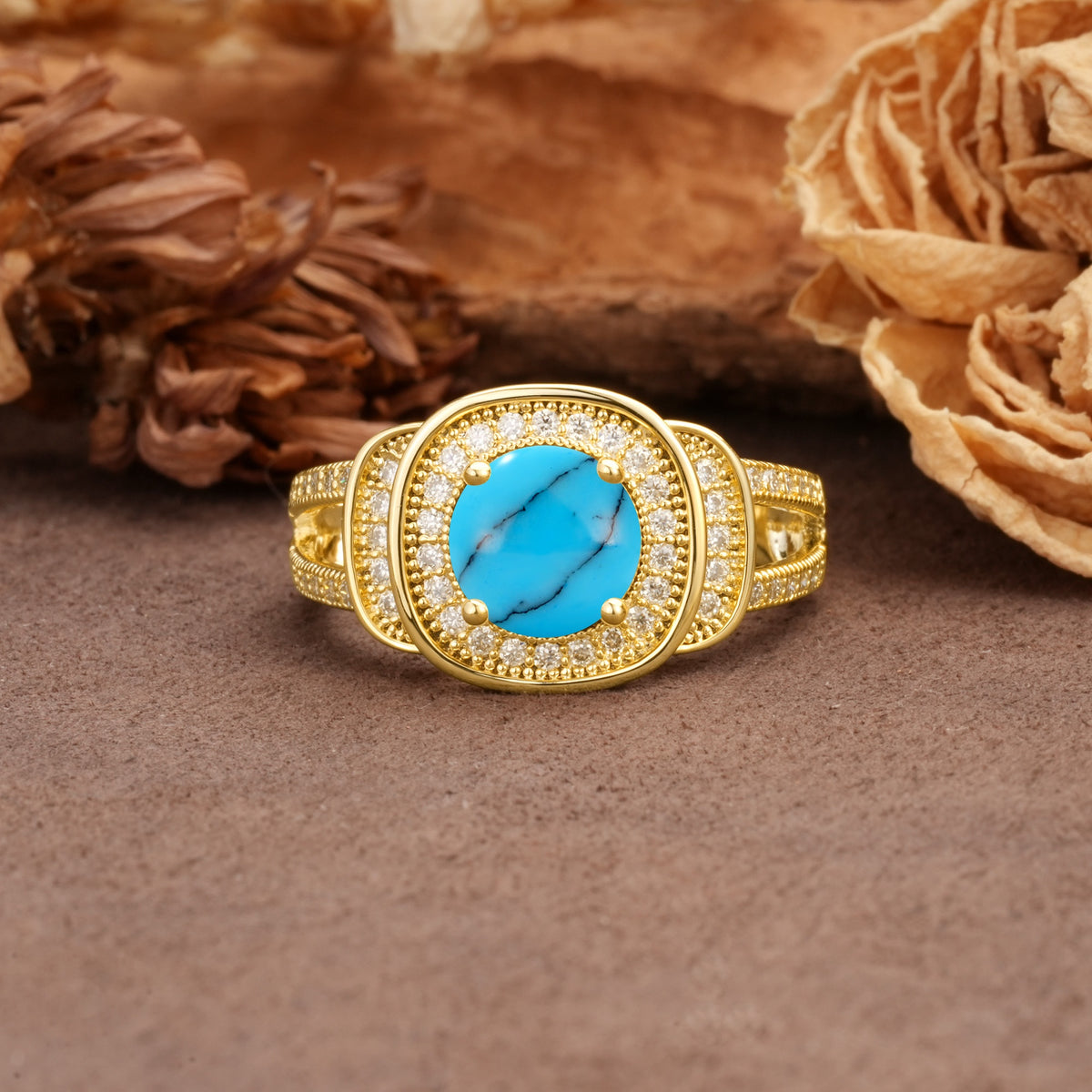 Luxurious & Classic Vintage Stackable 4-Prong Round Cut Turquoise Engagement Ring - Additional view