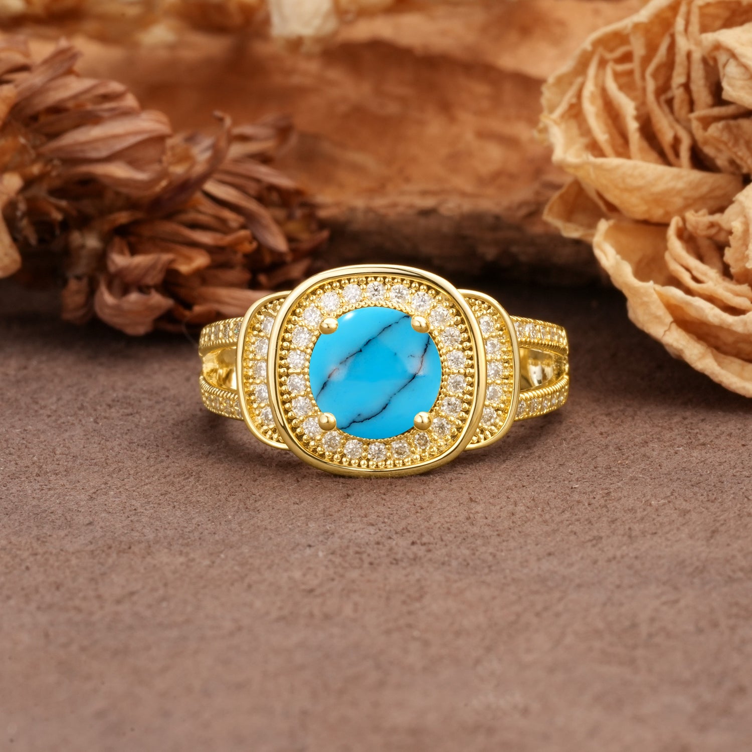 Luxurious & Classic Vintage Stackable 4-Prong Round Cut Turquoise Engagement Ring - Additional view