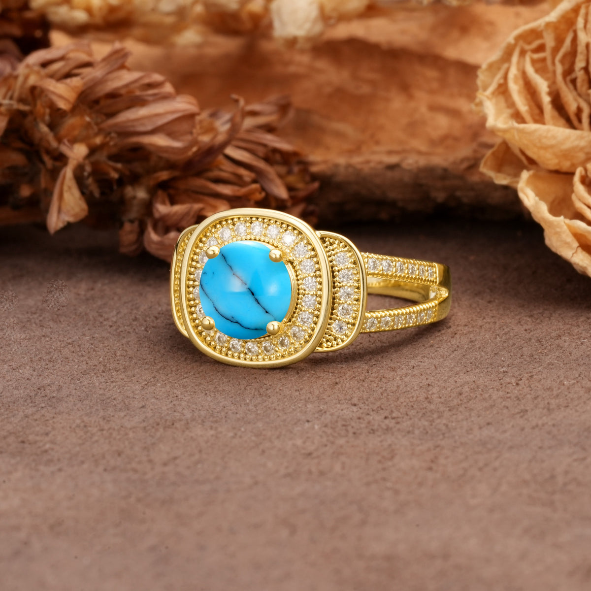 Luxurious & Classic Vintage Stackable 4-Prong Round Cut Turquoise Engagement Ring - Additional view