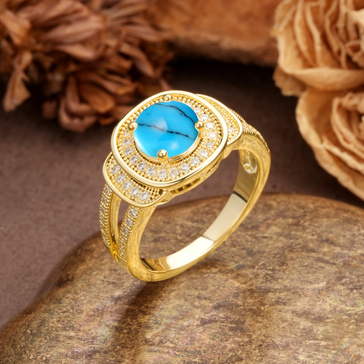 Luxurious & Classic Vintage Stackable 4-Prong Round Cut Turquoise Engagement Ring - Additional view