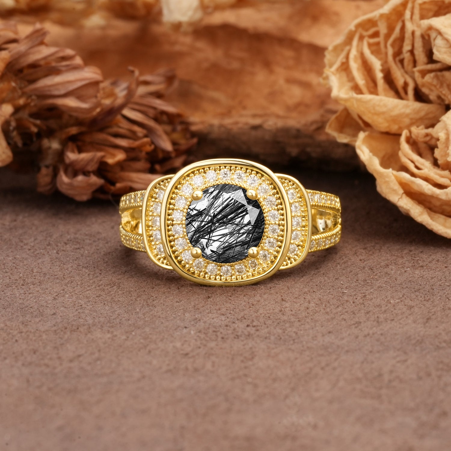 Luxurious & Classic Vintage Stackable 4-Prong Round Cut Black Rutilated Quartz Engagement Ring - Additional view
