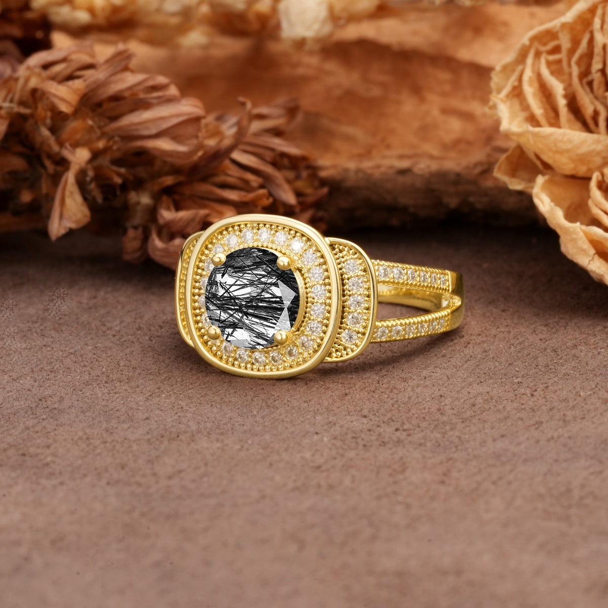 Luxurious & Classic Vintage Stackable 4-Prong Round Cut Black Rutilated Quartz Engagement Ring - Additional view