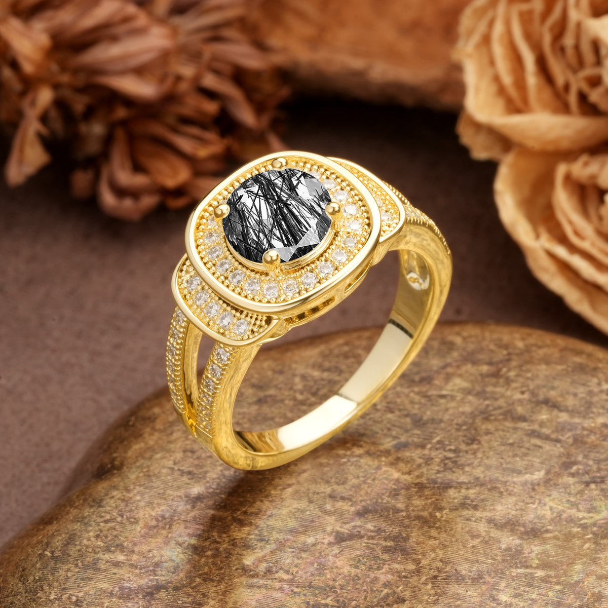 Luxurious & Classic Vintage Stackable 4-Prong Round Cut Black Rutilated Quartz Engagement Ring - Additional view
