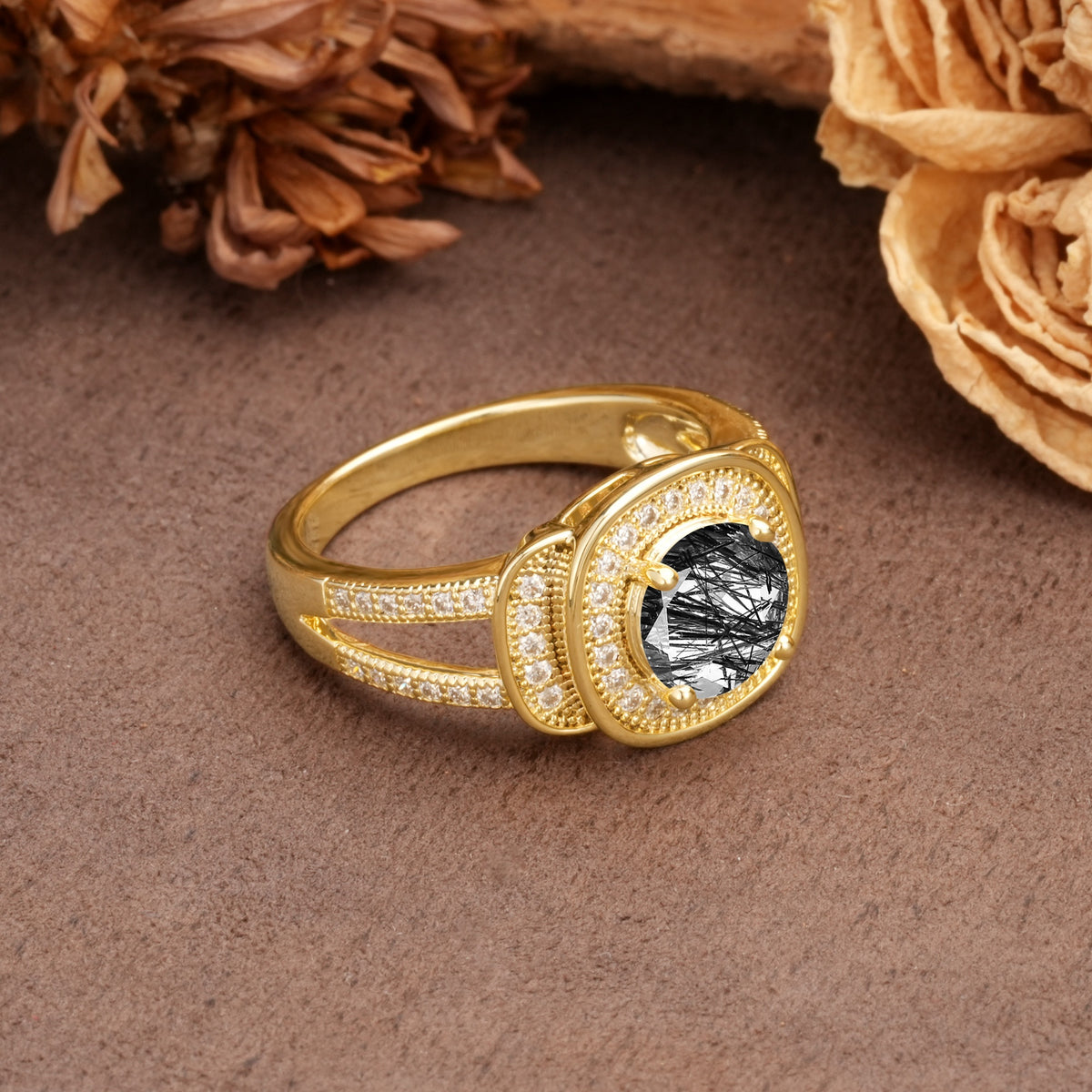 Luxurious & Classic Vintage Stackable 4-Prong Round Cut Black Rutilated Quartz Engagement Ring - Additional view