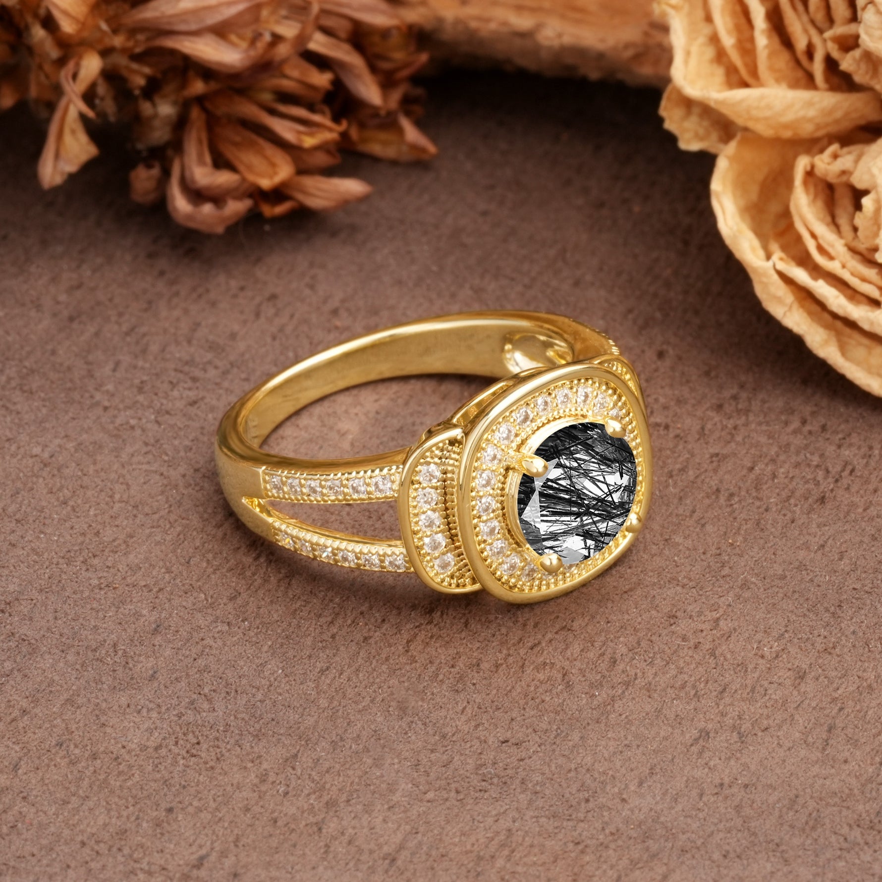 Luxurious & Classic Vintage Stackable 4-Prong Round Cut Black Rutilated Quartz Engagement Ring - Additional view
