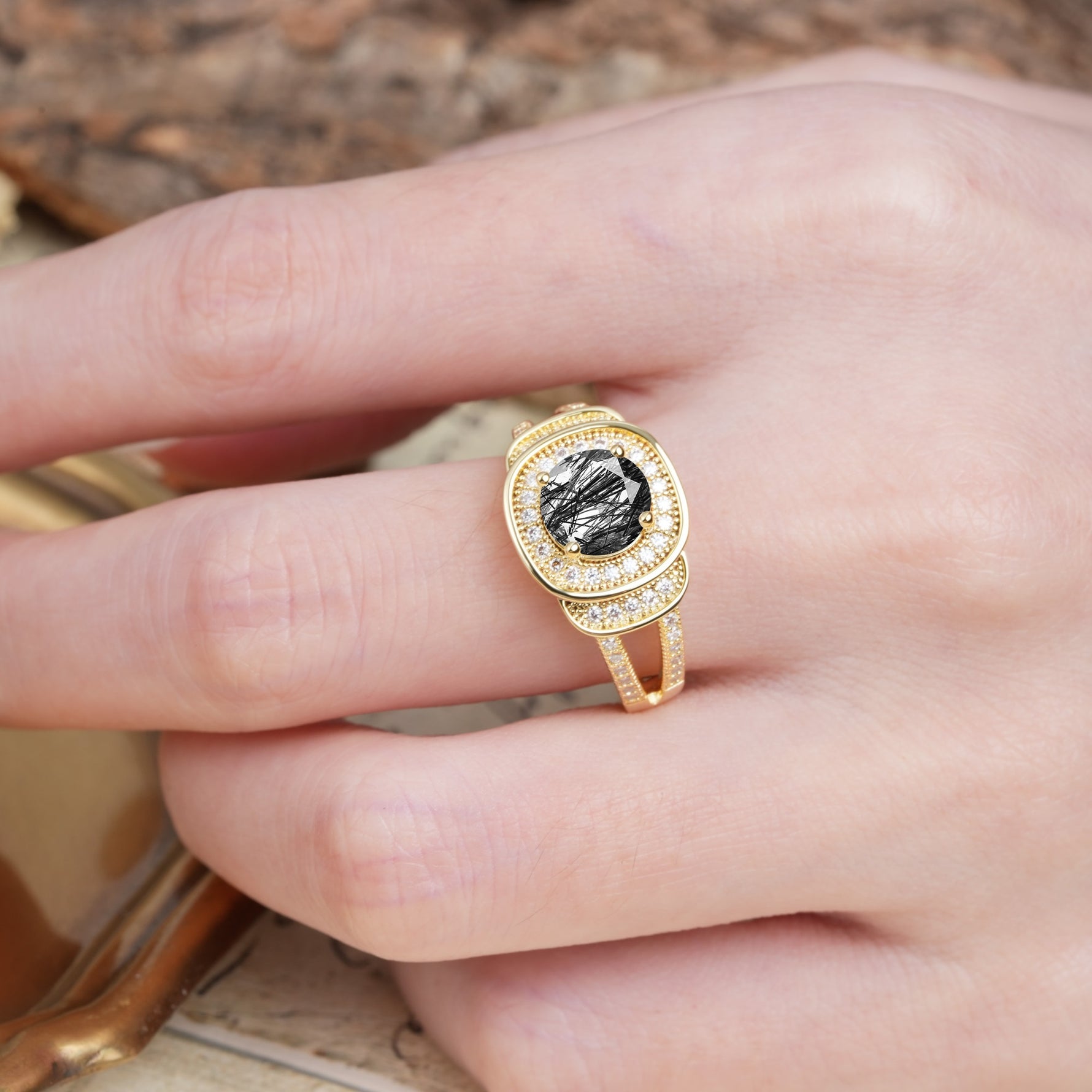 Luxurious & Classic Vintage Stackable 4-Prong Round Cut Black Rutilated Quartz Engagement Ring - Additional view