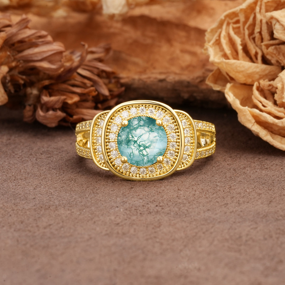 Luxurious & Classic Vintage Stackable 4-Prong Round Cut Moss Agate Engagement Ring - Additional view