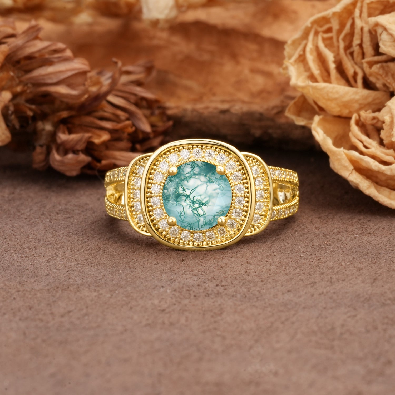 Luxurious & Classic Vintage Stackable 4-Prong Round Cut Moss Agate Engagement Ring - Additional view
