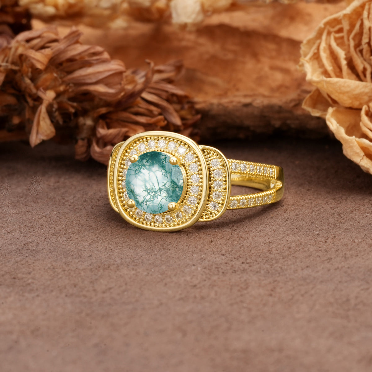Luxurious & Classic Vintage Stackable 4-Prong Round Cut Moss Agate Engagement Ring - Additional view