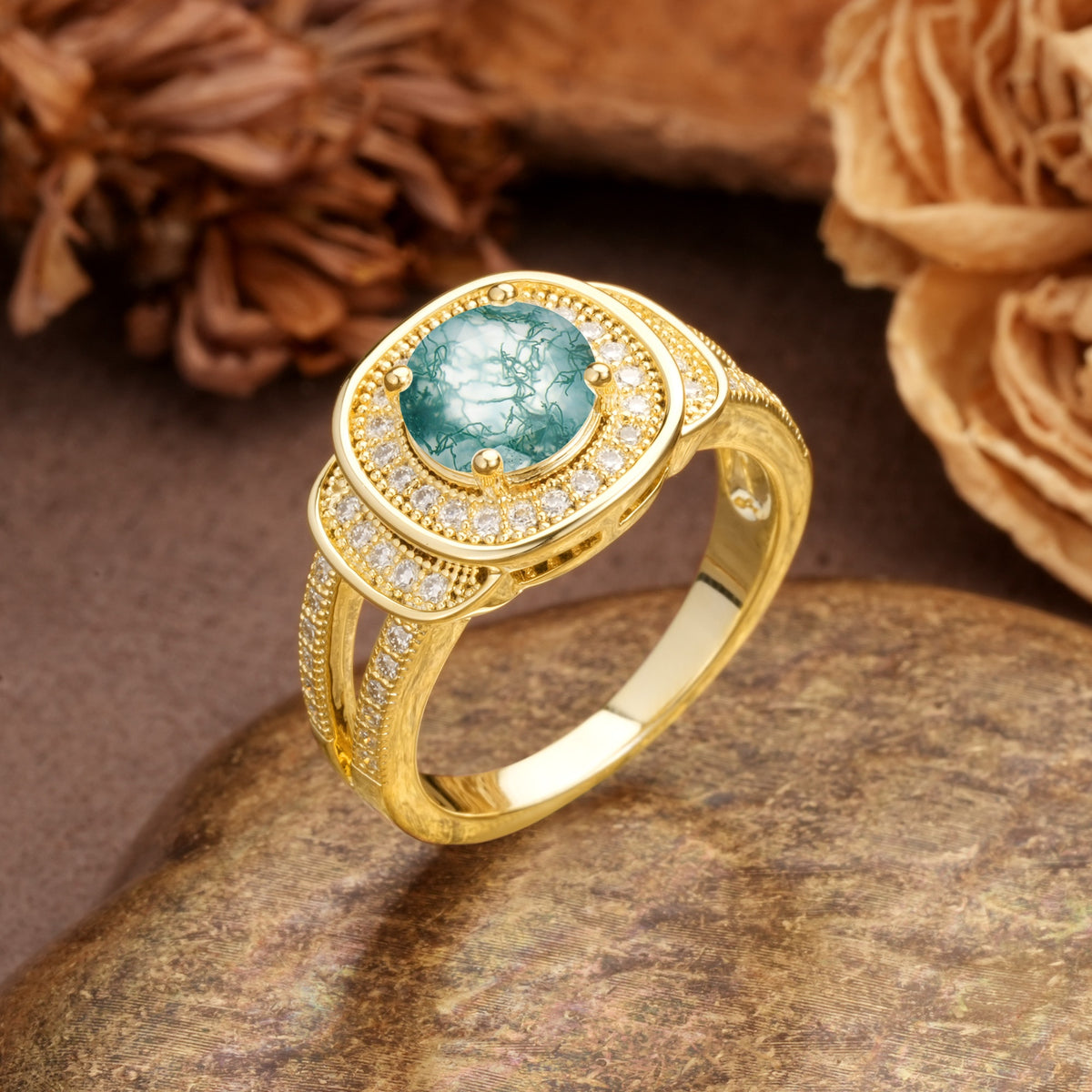 Luxurious & Classic Vintage Stackable 4-Prong Round Cut Moss Agate Engagement Ring - Additional view