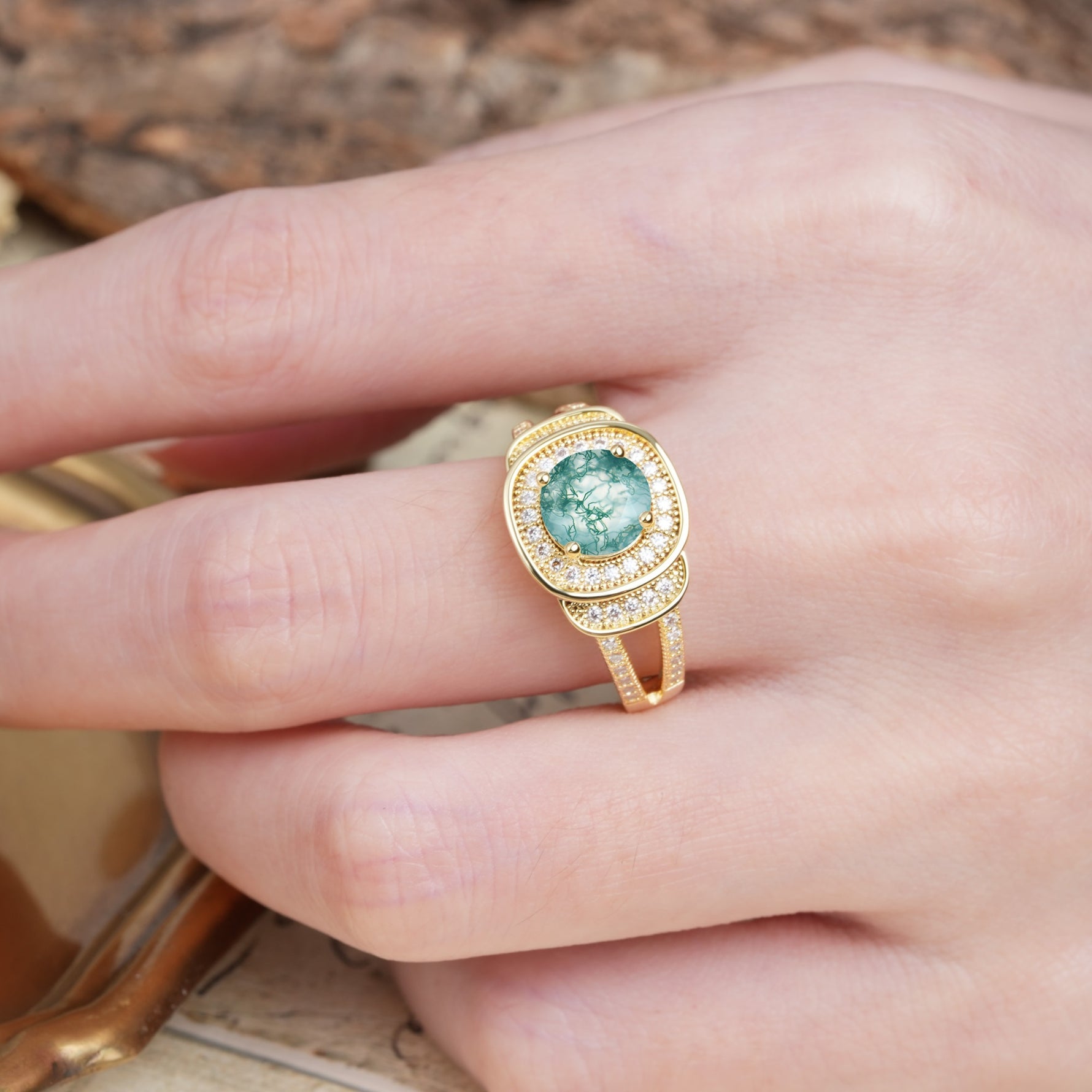 Luxurious & Classic Vintage Stackable 4-Prong Round Cut Moss Agate Engagement Ring - Additional view