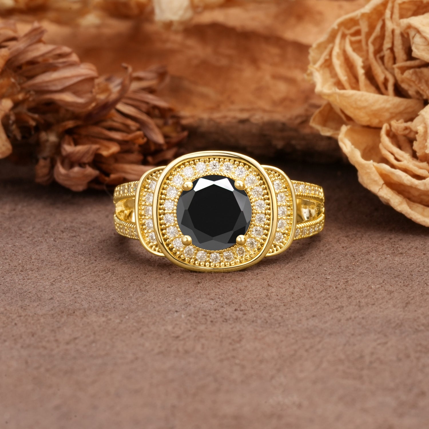 Luxurious & Classic Vintage Stackable 4-Prong Round Cut Black Onyx Engagement Ring - Additional view