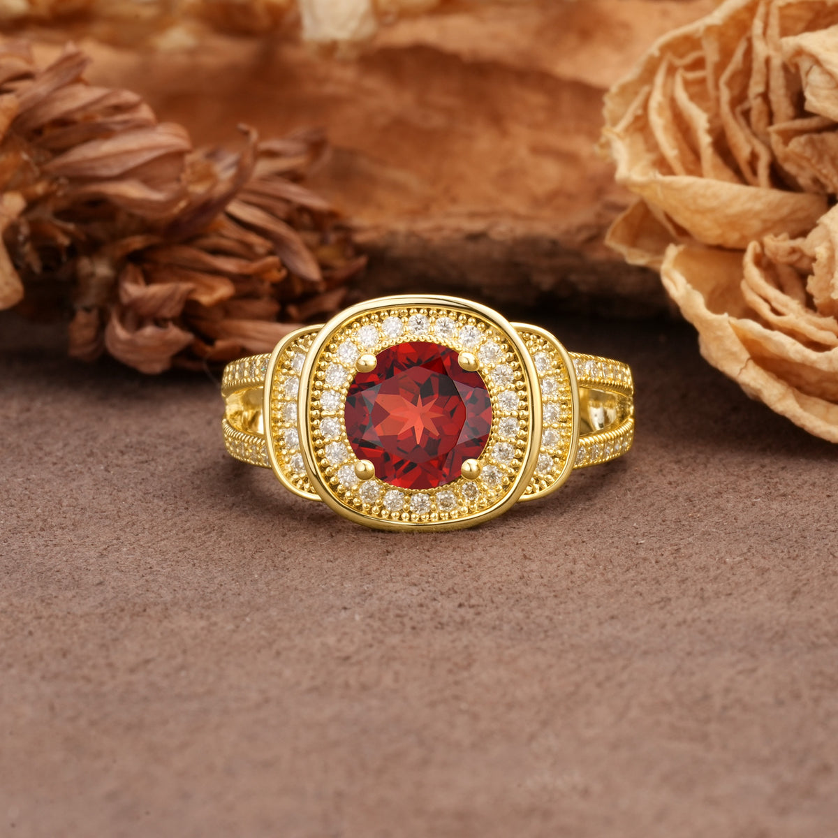 Luxurious & Classic Vintage Stackable 4-Prong Round Cut Garnet Engagement Ring - Additional view