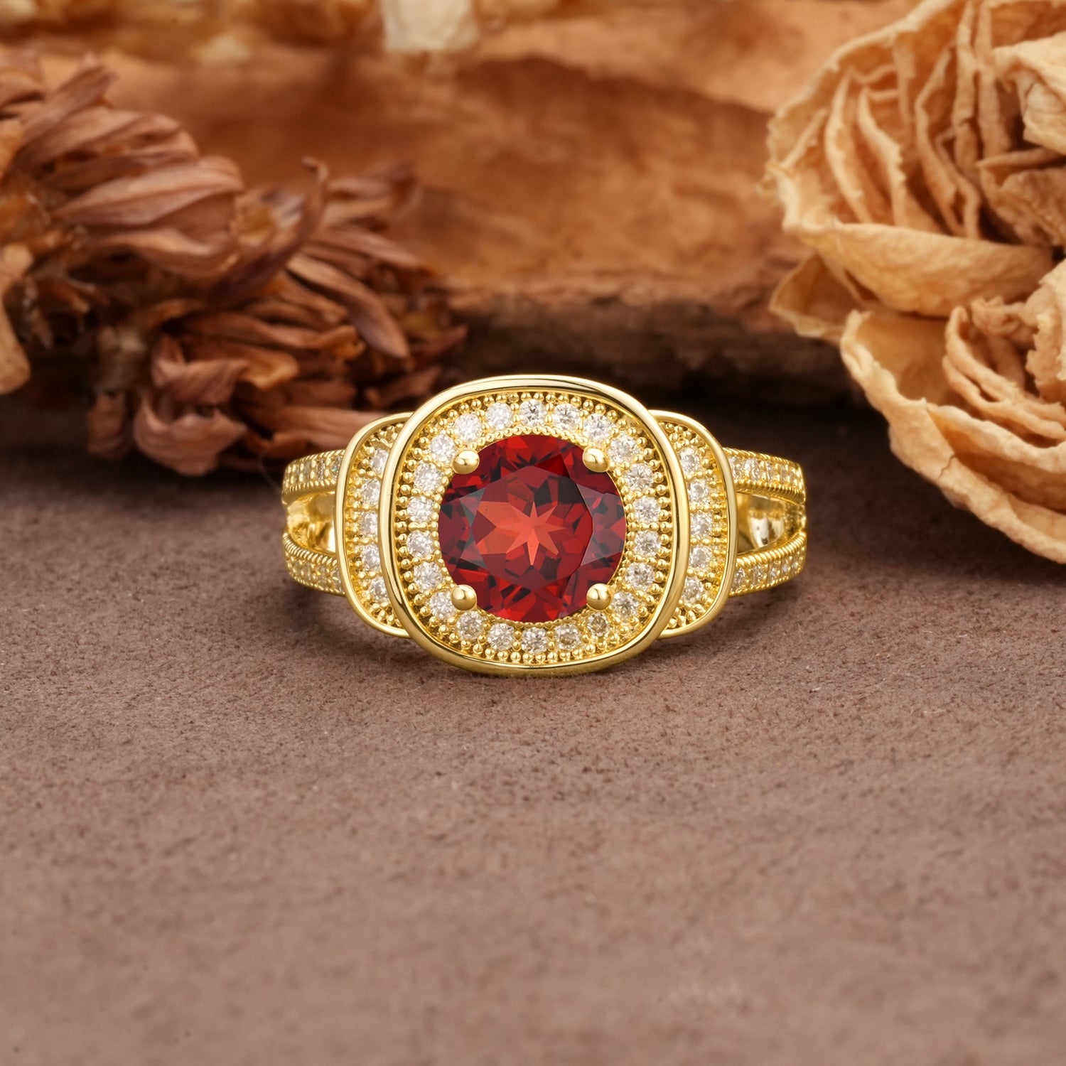 Luxurious & Classic Vintage Stackable 4-Prong Round Cut Garnet Engagement Ring - Additional view