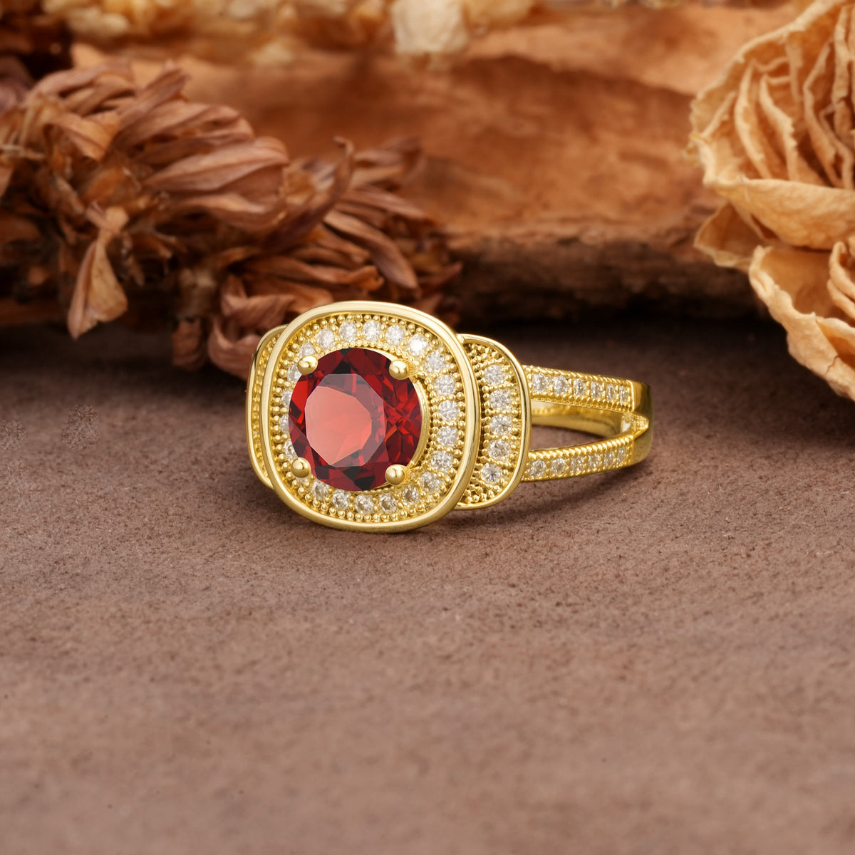 Luxurious & Classic Vintage Stackable 4-Prong Round Cut Garnet Engagement Ring - Additional view