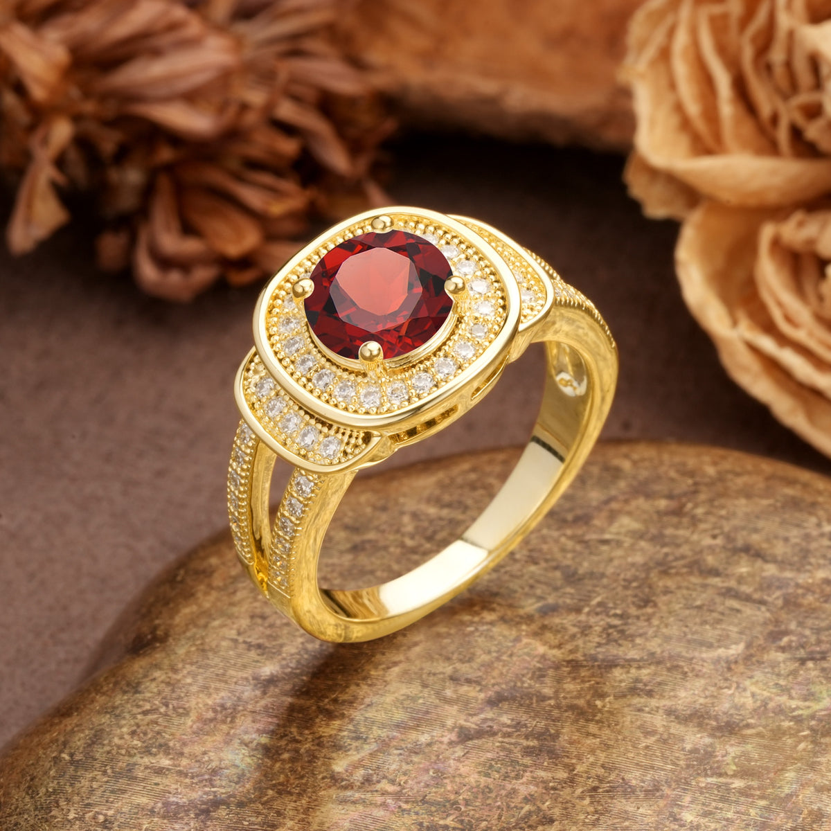 Luxurious & Classic Vintage Stackable 4-Prong Round Cut Garnet Engagement Ring - Additional view
